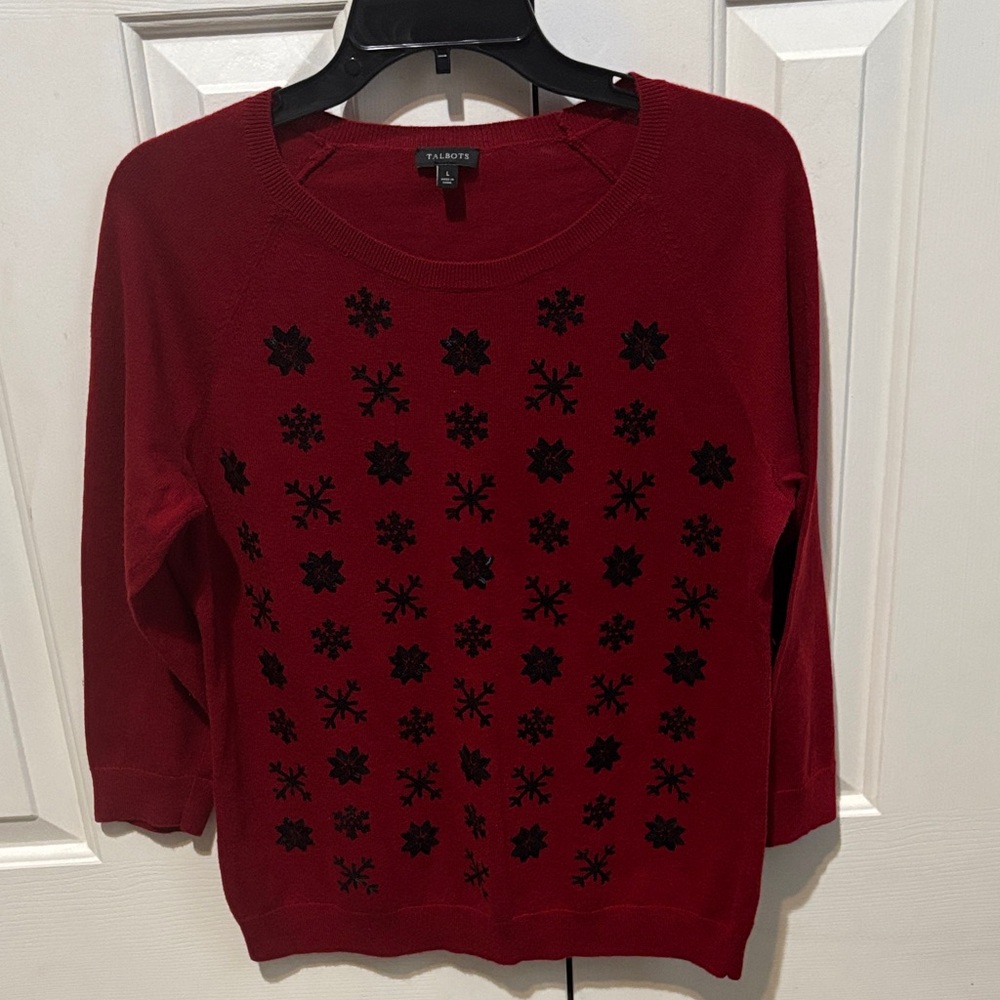 Talbots Lambs Blend Holiday Sweater with Black Sequin Snowflake Design